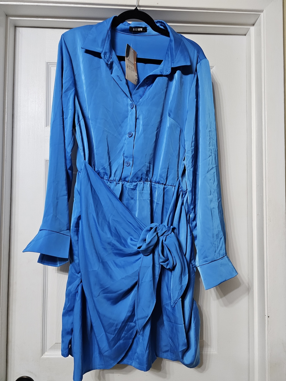 Bright Blue Long-Sleeve Shirt Midi Dress with Waist Tie